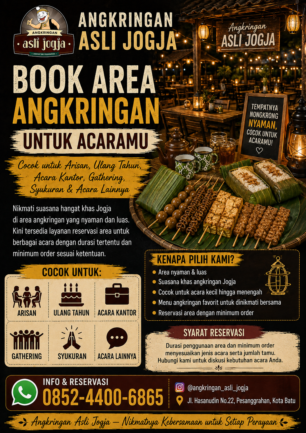 Book Area Angkringan Asli Jogja untuk arisan ulang tahun acara kantor gathering syukuran dan acara lainnya